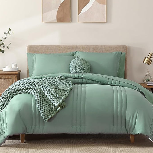 Monbix Queen Comforter Set - 7 Pieces Harbor Green Bed in a Bag Queen Bedding Sets with Comforters, All Seasons Comforter Bed Set with Sheets, Pillowcases & Shams