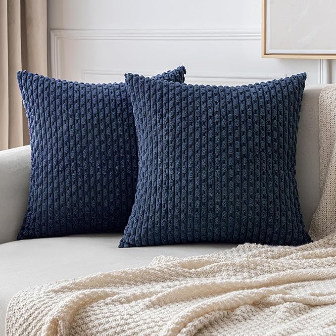 MIULEE Pack of 2 Decorative Throw Pillow Covers 16x16 Inch Soft Boho Striped Textured Corduroy Pillow Covers Modern Farmhouse Home Decor for Couch Bed Sofa Living Room Navy Blue