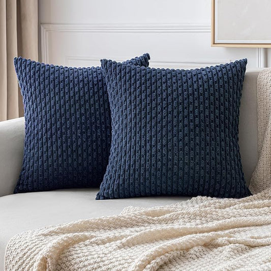 MIULEE Pack of 2 Decorative Throw Pillow Covers 16x16 Inch Soft Boho Striped Textured Corduroy Pillow Covers Modern Farmhouse Home Decor for Couch Bed Sofa Living Room Navy Blue