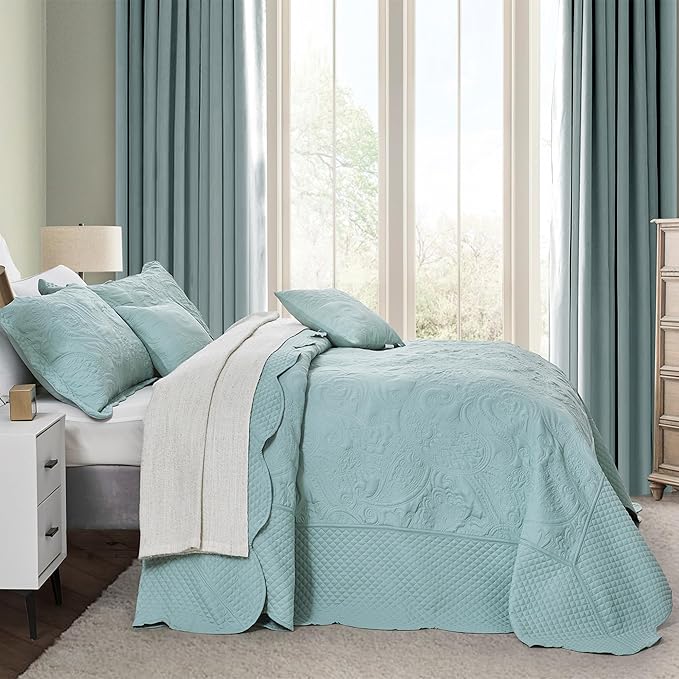 Oversized King Bedspread 128x120 Extra Wide, Paisley Pattern Design, Lightweight Bedding Cover, Reversible, 5 Piece, 100% Microfiber, Seaglass