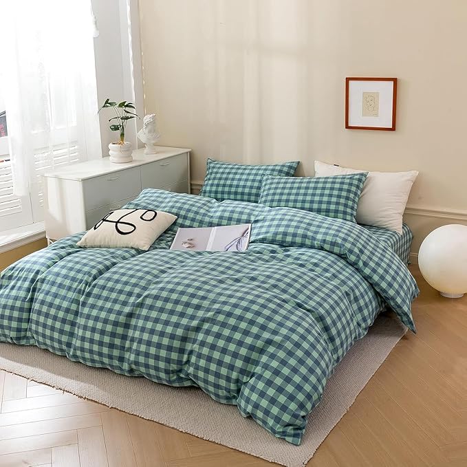 mixinni Green Gingham Grid Duvet Cover Full, 100% Washed Cotton Modern Geometric Bedding Set with 2 Pillowcases, Farmhouse Style Blue Plaid Comforter Cover Set for Men & Women, Soft & Lightweight