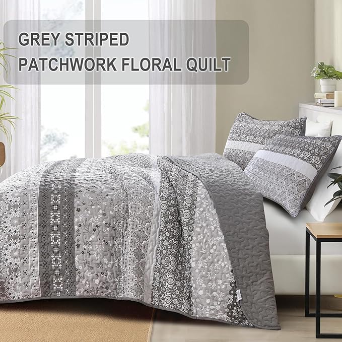 WONGS BEDDING Grey Boho Quilt Set King,Bohemian Floral Striped Patchwork Bedspread Coverlet Set with 2 Pillowcases,Lightweight Microfiber Bohemian Quilt Bedding Set 104"×90"