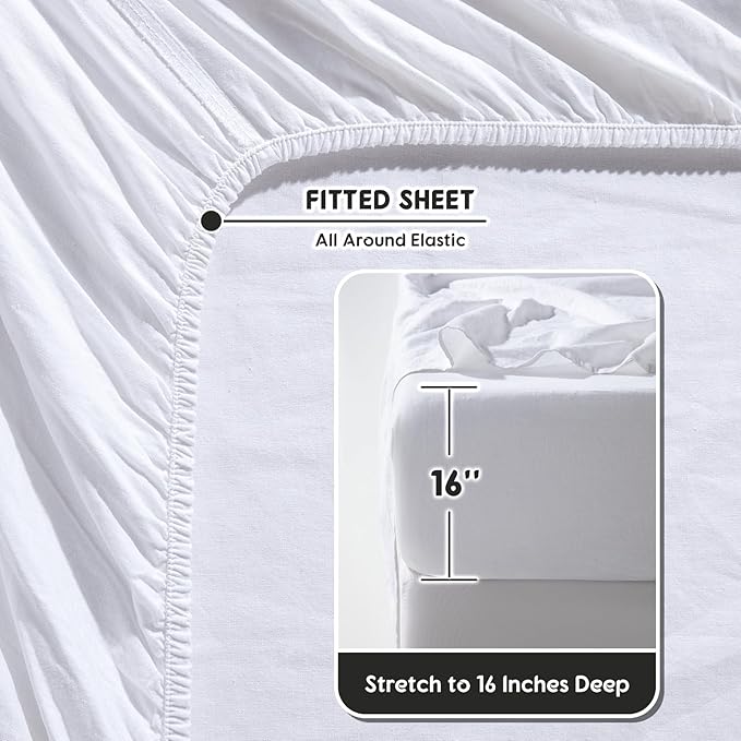 SONORO KATE 100% French Pure Linen Sheets, Breathable and Durable Linen Full Size Sheets, Anti-Tear Linen Bed Sheets, Machine Washable, 16 Inch Deep Pocket - 4 Piece (White, Full)