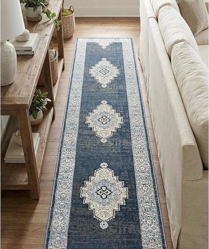 Well Woven Custom Size Runner - Obsidian Midnight Blue Vintage Medallion Rug 27 Inch Wide x 17 Feet Long (27" x 17' Runner) | Heritage-Inspired, Soft, Easy to Clean Rug for Hallway, Stairs, Entry
