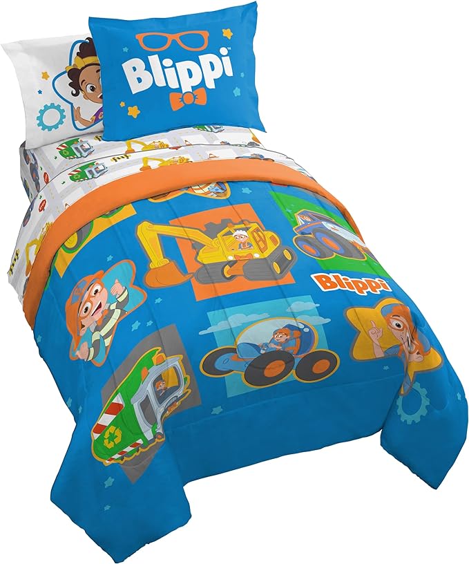 Jay Franco Blippi & Meekah Trucks Full Comforter Set - 7 Piece Blue Bedding Sheet Set & Pillow Covers - Super Soft Microfiber Bed Set