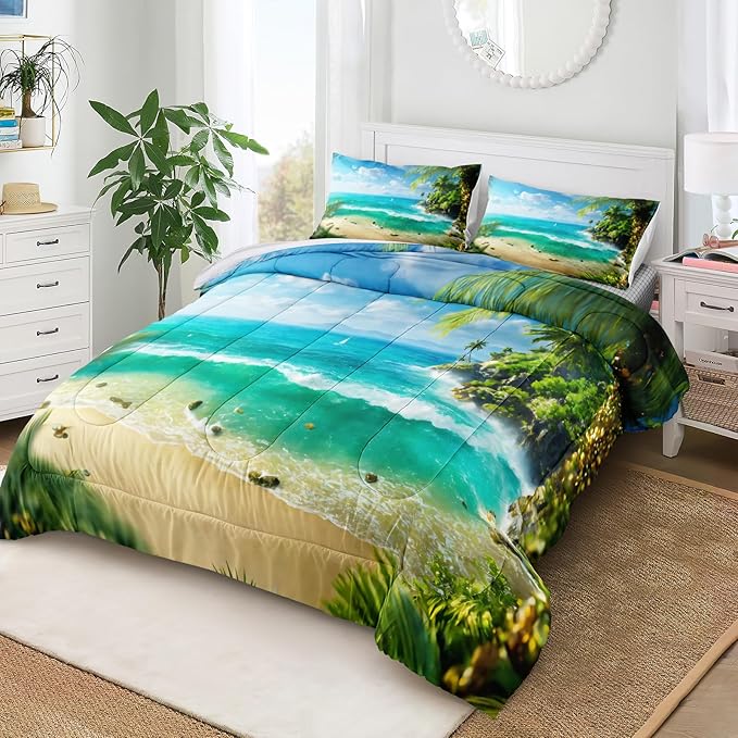 Bedbay Tropical Beach Comforter Set Queen Size Coastal Island Bedding Holiday Hawaii Style Bedding Set Soft Microfiber Summer Lightweight Comforter 4 Pcs Beach Theme Quilt Set for All Seasons