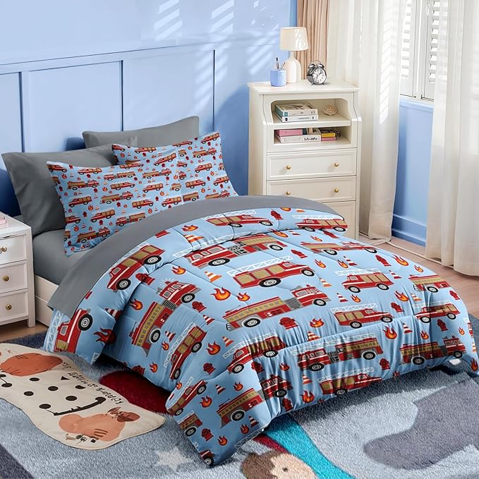 Nesker 5 Pcs Comforter Set Twin Size, Red Fire Engine Bedding for Kids Teen, Fire-Fighting Trucks Vehicle Bed Sheet with Pillowcase & Sham