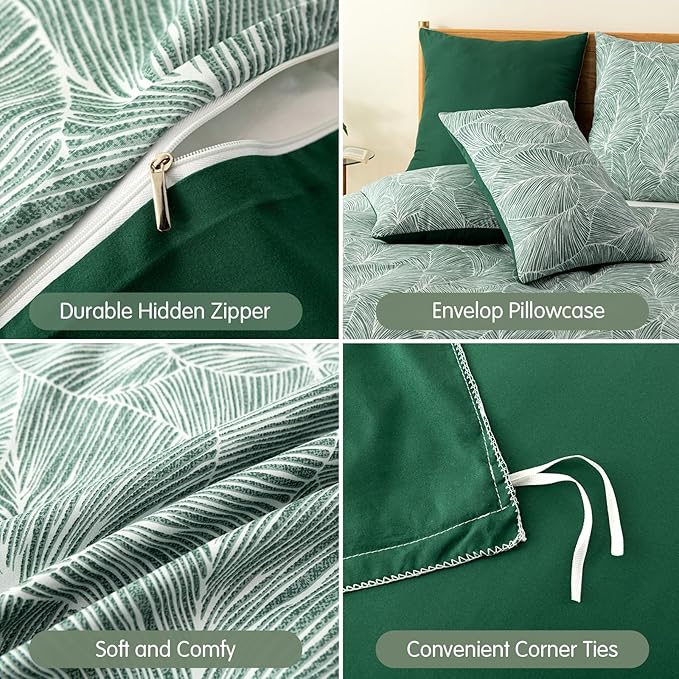Lekesky Emerald Green Duvet Cover Queen Size, Reversible Queen Comforter Cover with Tropical Leaves Pattern, Soft 100% Washed Microfiber 3 Pieces Green Bedding Set with Zipper and 2 Pillowcases