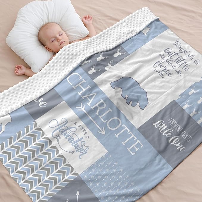 Personalized Baby Blankets for Girls, Baby Blanket for Girls with Name, Soft Plush Receiving for Newborns - Essential Baby Items, Woodland Bear, Ashley Blue, 35x45 Inches