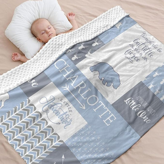 Personalized Baby Blankets for Girls, Baby Blanket for Girls with Name, Soft Plush Receiving for Newborns - Essential Baby Items, Woodland Bear, Ashley Blue, 35x45 Inches