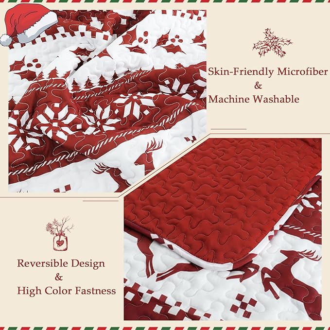 Exclusivo Mezcla Reversible Christmas Quilts Twin Size, Red Bedspread Lightweight Coverlet Winter Quilt Bedding Set with Printed Striped Reindeer Snowflakes Pattern (1 Quilt, 1 Pillow Sham)