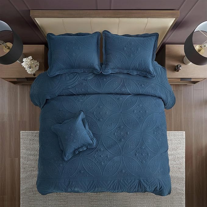 Bedspread - Full Size Bedding Cover - Modern & Contemporary Coverlet Set, Real Stitching, Reversible, Lightweight, 5 Piece, Navy