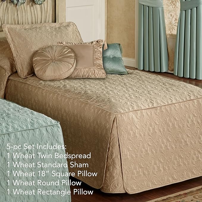 Cambridge Classic Luxury Bedding | Neutral Wheat Solid Color Polyester Satin | Elaborate Damask Quilting | 5 Pc Bed Set: Twin Bedspread, Standard Sham, & 3 Decorative Pillows | Also Fits Twin XL Beds