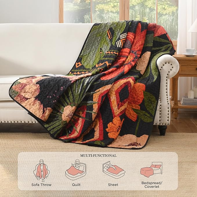 Andency Floral Boho Quilt King Size Bedding Set Black, 3 Pieces Farmhouse Flower Botanical Summer Bedspreads with 2 Shams, Soft Reversible Lightweight Microfiber Coverlet Set for All Season, 106"x96"