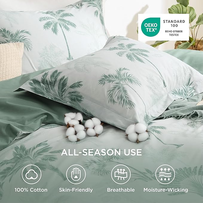 Bedsure Duvet Cover King Size - 100% Cotton Reversible Floral King Duvet Cover Set with Zipper Closure, 3 Pieces Soft & Breathable Green Milieu Bedding Set with 2 Pillow Shams 20"x36"