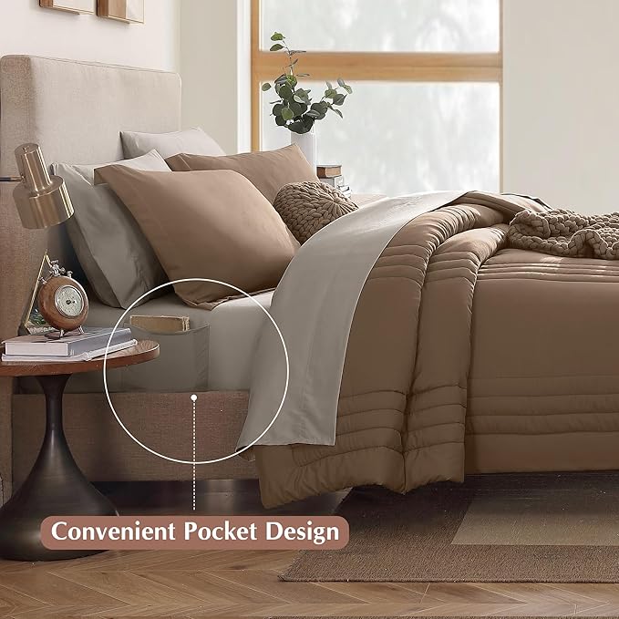 Monbix Oversized Queen Comforter Set - 7 Pieces Brown Bed in a Bag Oversized Queen Bedding Sets with Comforters, All Seasons Comforter Bed Set with Sheets, Pillowcases & Shams
