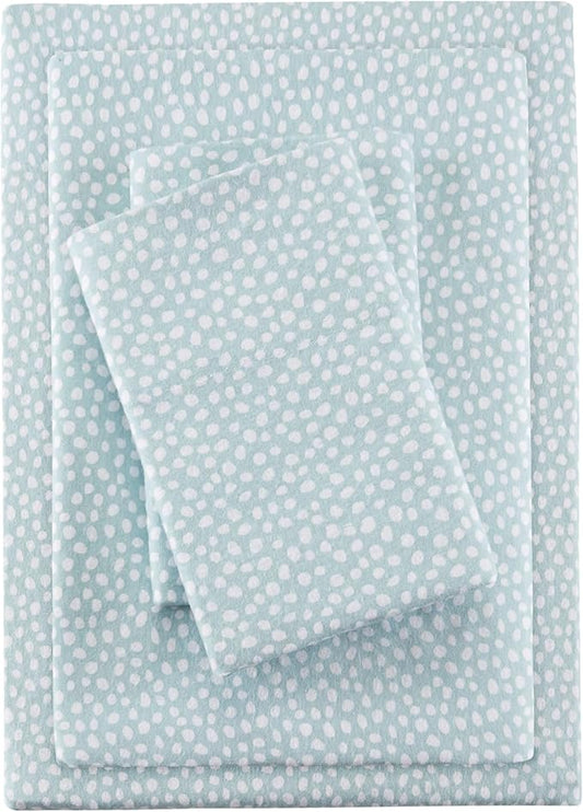 True North by Sleep Philosophy Cozy Flannel Warm 100% Cotton Sheet - Novelty Print Animals Stars Cute Ultra Soft Cold Weather Bedding Set, King, Aqua Dots 4 Piece