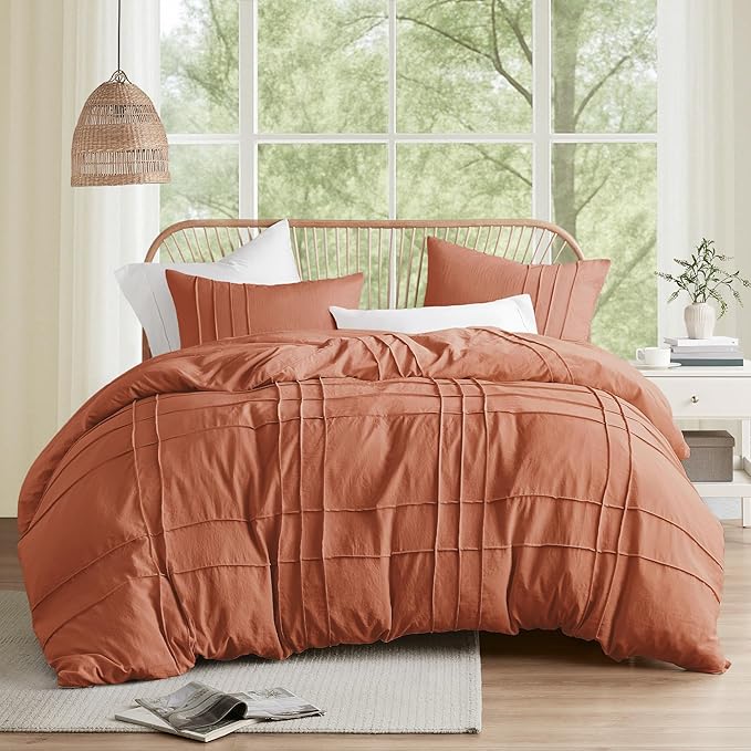 Comfort Spaces Clay Full Size Duvet Cover Set - 3-pc Pintuck Pleated Duvet Cover Full, All Season Lightweight, Extra Softness Pre-Washed Microfiber Bed Cover Shams, Full