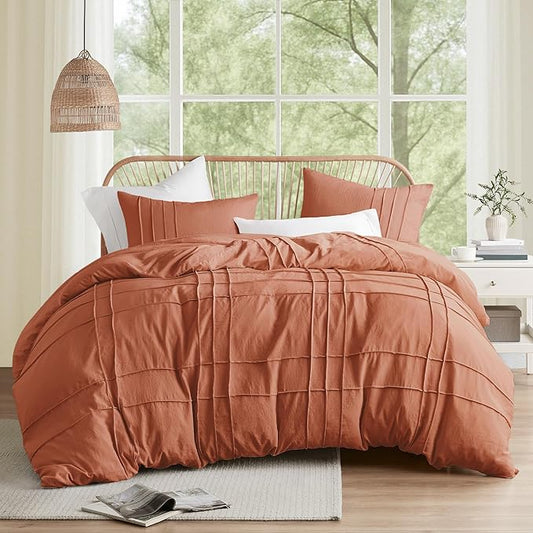 Comfort Spaces Clay Full Size Duvet Cover Set - 3-pc Pintuck Pleated Duvet Cover Full, All Season Lightweight, Extra Softness Pre-Washed Microfiber Bed Cover Shams, Full