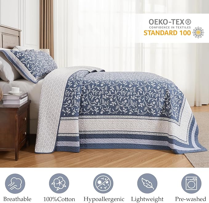 Oversized Queen Bedspread Set - 100% Cotton Lightweight Quilted Coverlet - Soft Reversible Bedding, Botanical Floral Design - Includes 1 Bedspread (102x120) & 2 Pillow Shams - Grayish-Blue