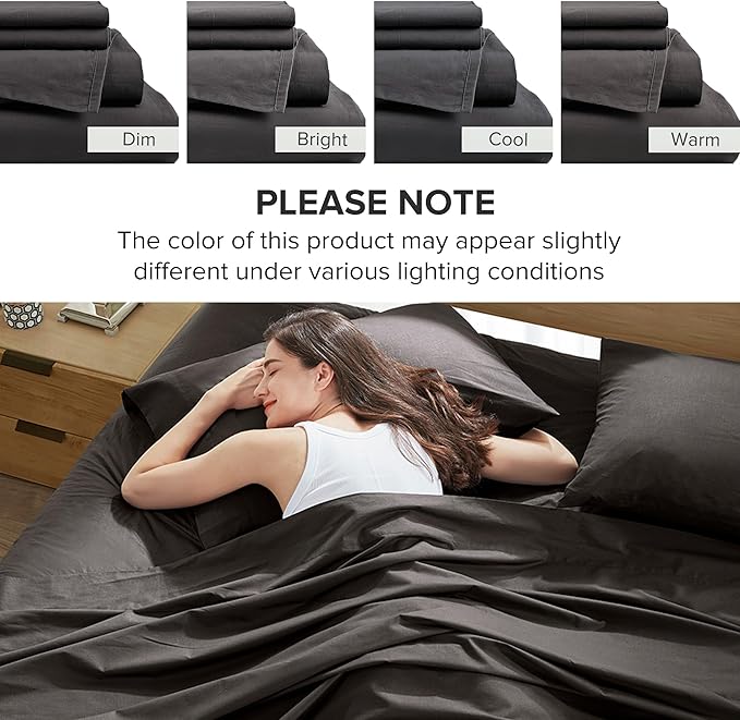 Comfort Spaces 100% Cotton Sheets Twin, Breathable & Ultra Soft Cotton Sheets, Naturally Cool Cotton Bed Sheets with 12" Elastic Pocket Fits up to 14" Mattress, All Season Sheet Set, Black, 3 Piece