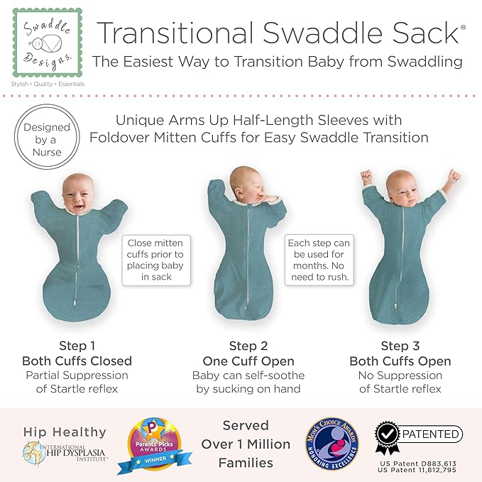 SwaddleDesigns Transitional Swaddle Sack, Arms Up Half-Length Sleeves & Mitten Cuffs, Swaddle for Newborn Transition to Baby Sleep Sack Wearable Blanket, Medium, 3-6 Month, 14-21 lb, Heathered Teal