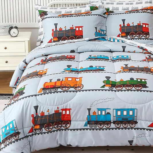 Viviland Kids Twin Bedding Sets for Boys, Soft Twin Comforter Set with Sheets, 5 Pieces Microfiber Bed in a Bag, Light Grey Train