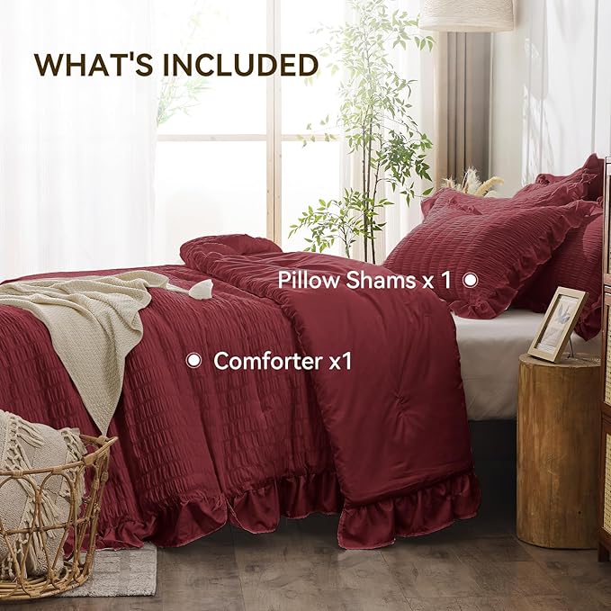 JOLLYVOGUE Twin Size Comforter Set, 2 Pieces Burgundy Seersucker Lightweight Fluffy Bedding Set, Twin Ruffle Comforter, All Season Soft Microfiber Shabby Chic Bed Set