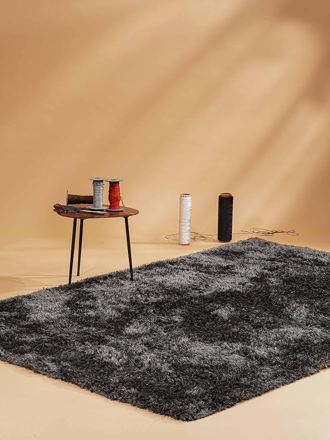 Hand Tufted SHAG Polyester ECO-Friendly Area Rugs - 5'x8', Rectangle, Charcoal, Solid Plain Design, High Pile Thick Handmade Anti Skid Area Rugs for Living Room, Bed Room K00111