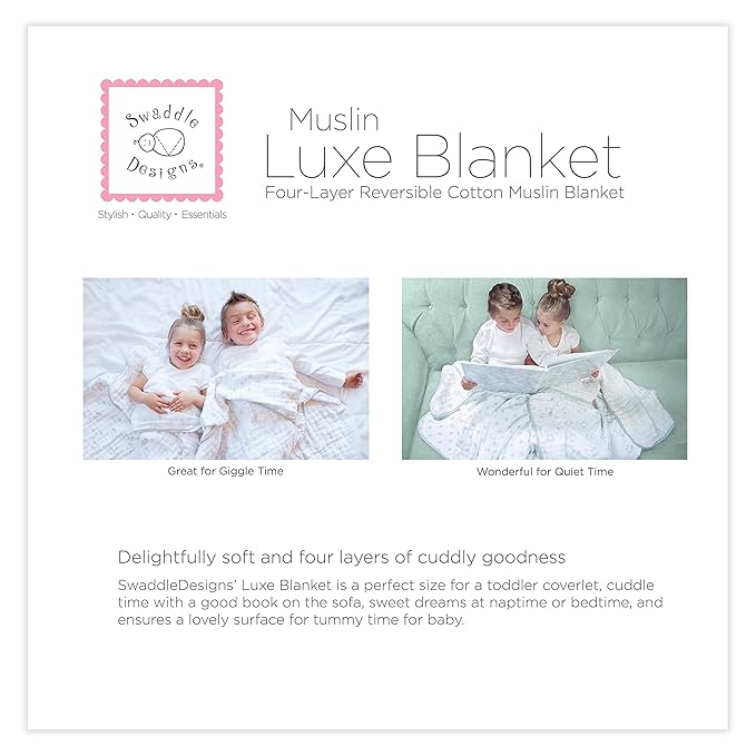 SwaddleDesigns 4-Layer Cotton Muslin Luxe Blanket, Baby and Toddler Cuddle and Dream, 46x46 inches, Sterling Goodnight and Dots