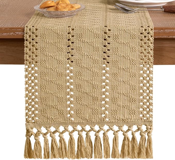 Socomi Boho Table Runner Macrame Easter Spring Farmhouse Woven Cotton Linen Rustic Coffee Table Runner with Tassels for Dresser Scarf Home Decor Dining Room 12x90 inch Champagne