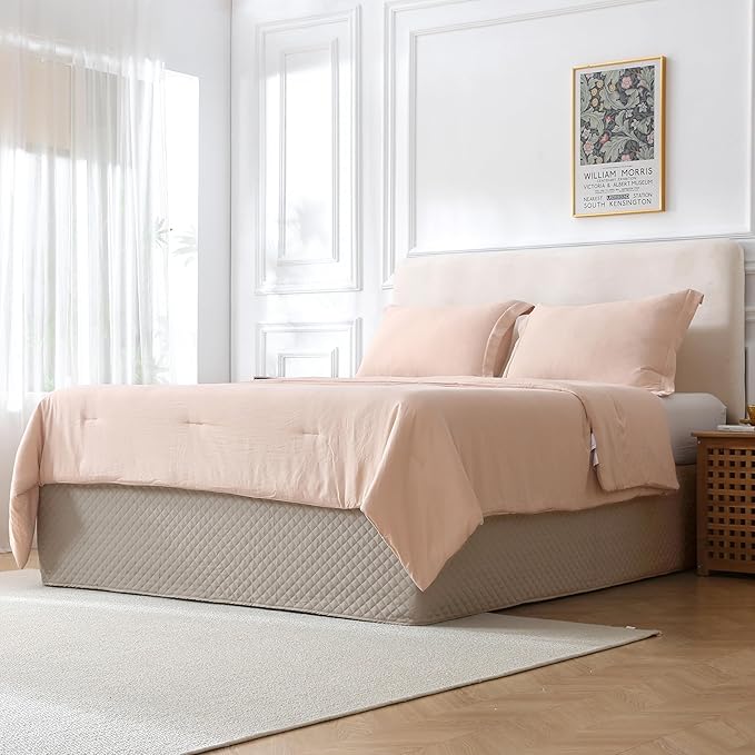 Queen Size Khaki Bed Skirt with 14-Inch Drop, Easy Fit Wrap-Around Cover for Bed, Wrinkle-Free and Fade-Resistant Box Spring Cover. (Linen Grid, Queen)