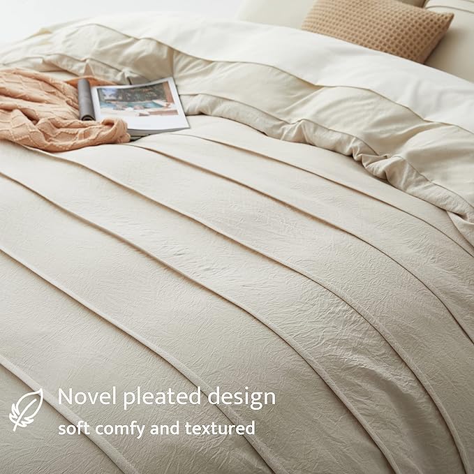 Oli Anderson Beige Duvet Cover Twin Size - Pleated Twin Duvet Cover, 2PCS Soft and Breathable Textured Bedding Set with Zipper Closure(Beige,68"x90")
