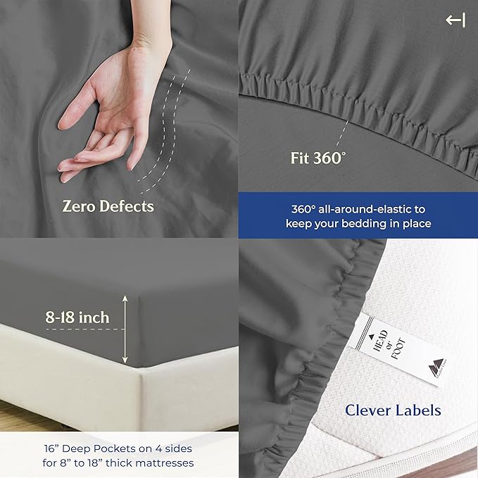 Mayfair Linen 100% Organic Cotton Sheets King Size - 4 PC Organic Cotton King Percale Weave Sheet Set, Soft, Cooling, Crisp & Breathable, 16" Deep Pocket Hotel Quality Bedding Set - Dark Grey