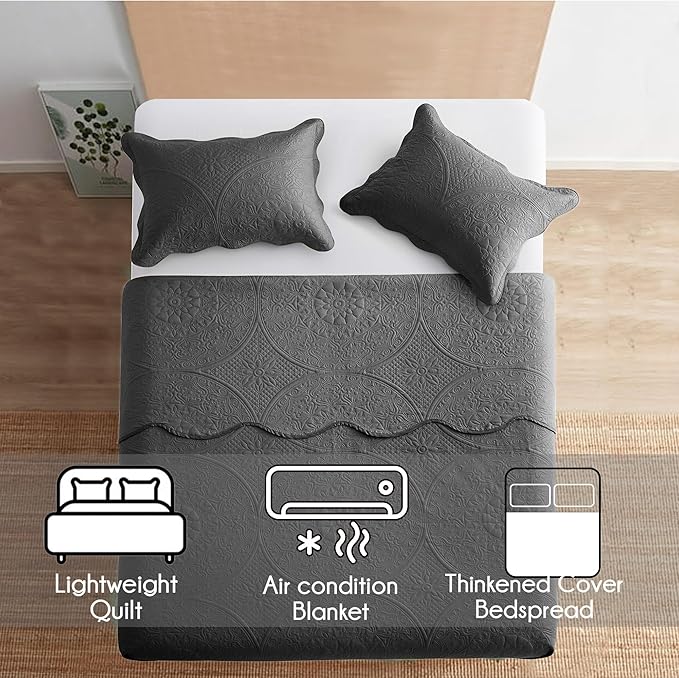 IR Imperial Rooms 8 Pack Quilt King Size Bedding (106" x 96") - Bulk Wholesale for Hotels, Guest Bedroom & Airbnbs - Lightweight Microfiber Reversible Floral Embossed Quilts Bedspreads (Grey)