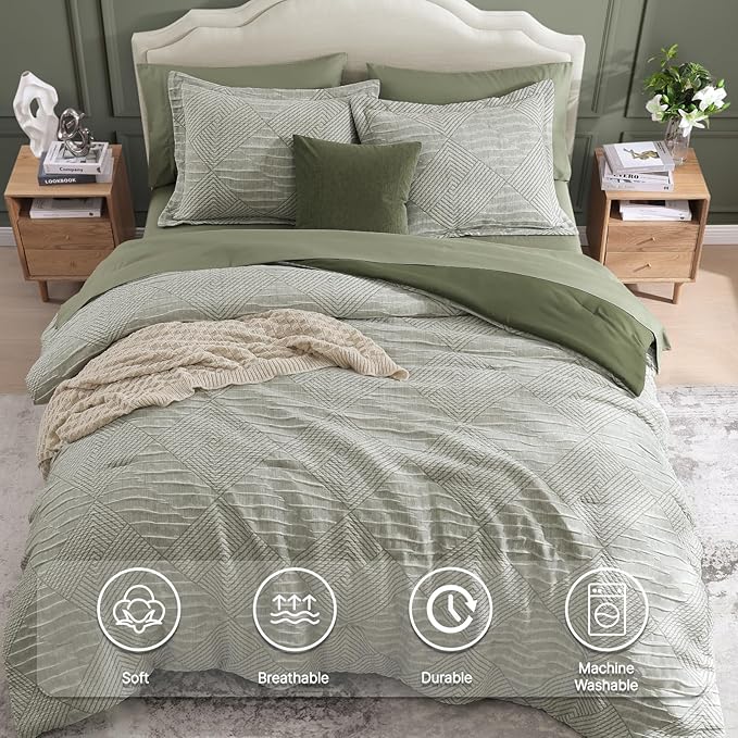 MaiRêve Queen Comforter Set Crinkle Textured, Light Olive Green Diamond Boho Bedding Set 7 Pieces Bed in A Bag, All Season Geometric Comforter Set with Sheets, Pillowcases & Shams