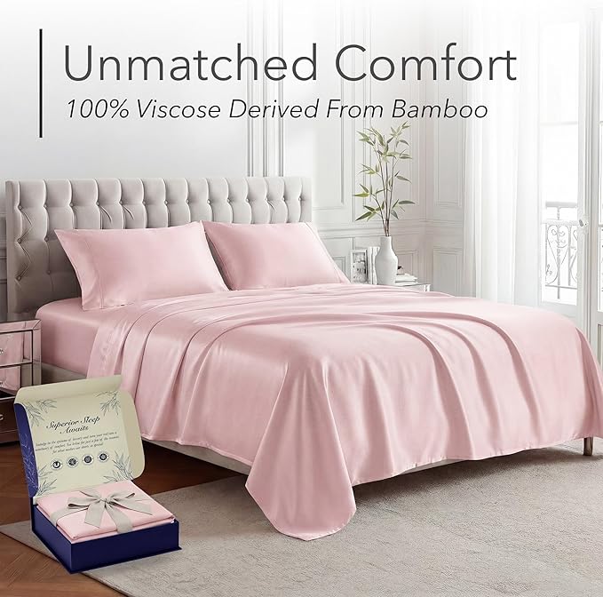 DECOLURE 100% Viscose Derived from Bamboo Sheets California King Size - Luxury 4 Pc Naturally Cooling Sheets, Ultra Soft Bed Set - Deep 17" Pockets, Double Stitching, Oeko Tex Standard (Light Pink)