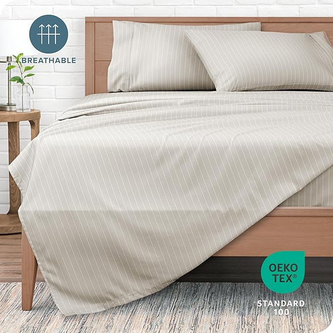Bare Home Full Sheet Set - Luxury 1800 Ultra-Soft Microfiber Double Brushed - Deep Pockets - Easy Fit - 4 Piece Set - Bedding Sheets & Pillowcases (Full, Pinstripe - Stone/White)
