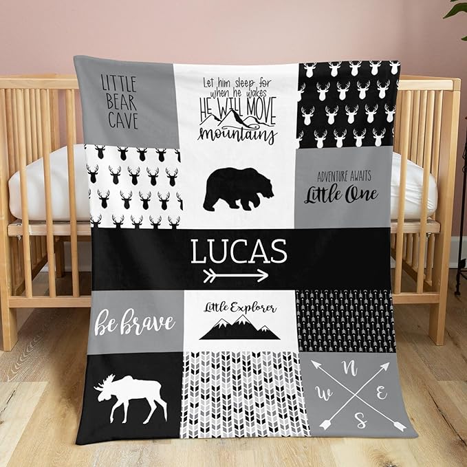 Customzed Baby Blanket for Boys Super Soft Double Layer with Dotted Backing, Receiving Blanket with Cute Woodland Multicolor Printed Blanket Black 40 x 50 Inch