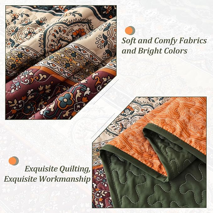 WONGS BEDDING Boho King Quilt Set, Green and Orange Bohemian Quilt Bedding Set, Fall Lightweight Bed Decor Bedspread for All Season Reversible Microfiber Coverlet Bedding Set 103"x90"(3 Pieces)