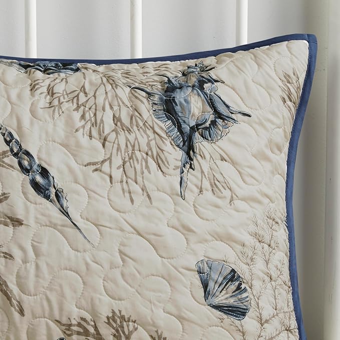 Madison Park Quilt Set Cottage Coastal Design, Starfish Print - All Season, Coverlet Bedspread Lightweight Bedding Layer, Shams, Toss Pillows, Twin/Twin XL(68"x90"), Bayside Blue/Ivory 5 Piece