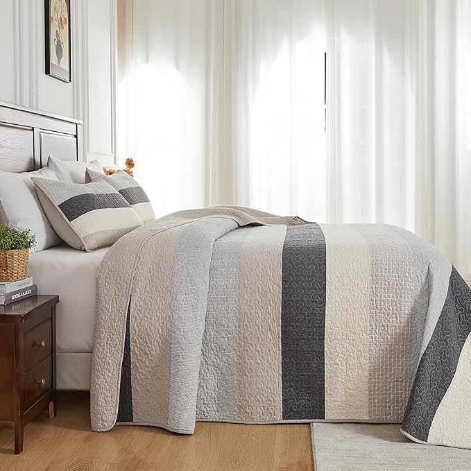 Oversized King Quilt Bedspread Coverlet 128x120, 100% Cotton California King Quilt with Pillow Shams, Soft Yarn Dyed Striped Bedding Set, Gray/Khaki/Beige/Charcoal