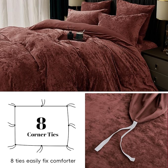 PHF Truly Velvet Duvet Cover Set Twin Size, 2pcs Ultra Soft Breathable Comforter Cover Set, Luxury Cozy Flannel Duvet Cover with Pillow Shams Bedding Collection, 68" x 90", Burgundy/Rust Red