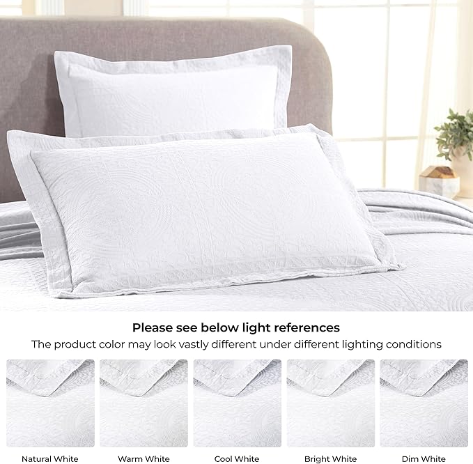 Superior Cotton Fleur De Lis Bedspread Set, Warm Blankets, All-Season Bedding, Bedroom Decor, Decorative Boho Medallion Coverlet, Includes 1 Bedspread, 2 Pillow Shams, Queen, White