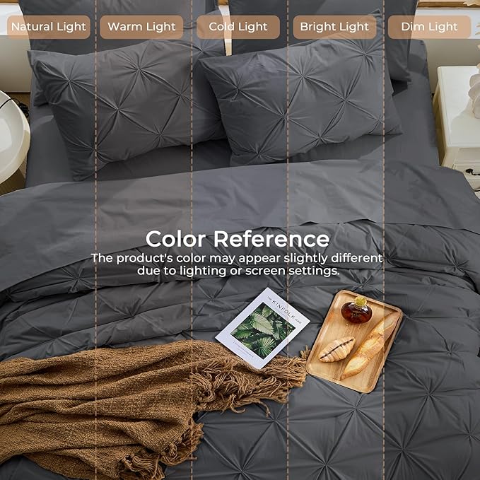 Sasttie Queen Comforter Set, 7-Piece Bed in a Bag, Pintuck Bedding Set for All Season, Includes Comforter, Flat Sheet, Fitted Sheet, Pillowcases and Pillowshams, Dark Grey