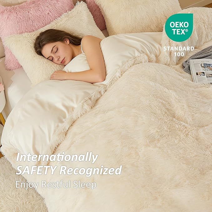 EMME Luxury Fuzzy Duvet Cover Set Twin Size Fluffy Comforter Cover Set for Twin Bed 2 Pieces Shaggy and Plush Soft Bedding Duvet Covers (Cream White, Twin)