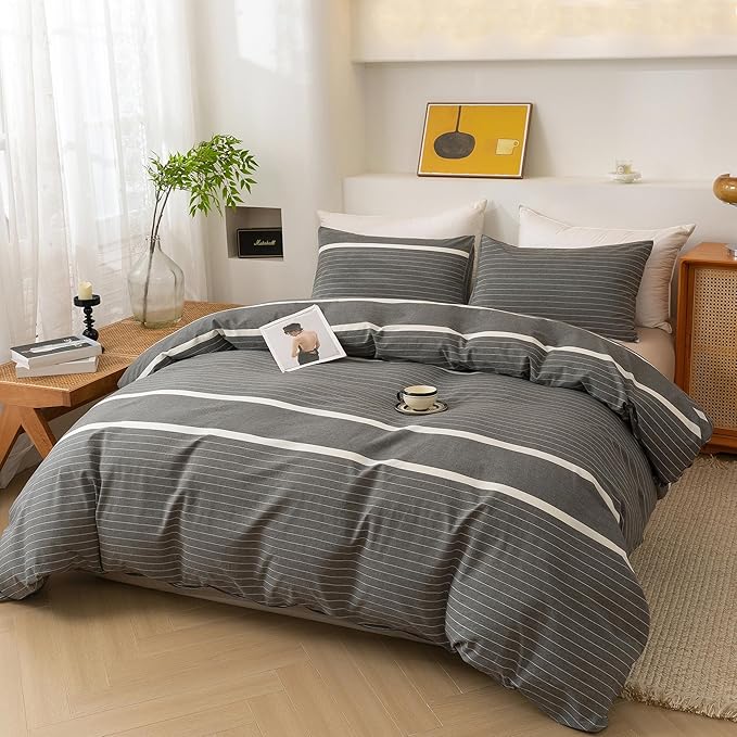 ECOCOTT 3 Pieces Duvet Cover Queen Size, 100% Washed Cotton 1 Duvet Cover with Zipper and 2 Pillowcases, Ultra Soft and Easy Care Breathable Cozy Simple Style Bedding Set(Grey Striped)