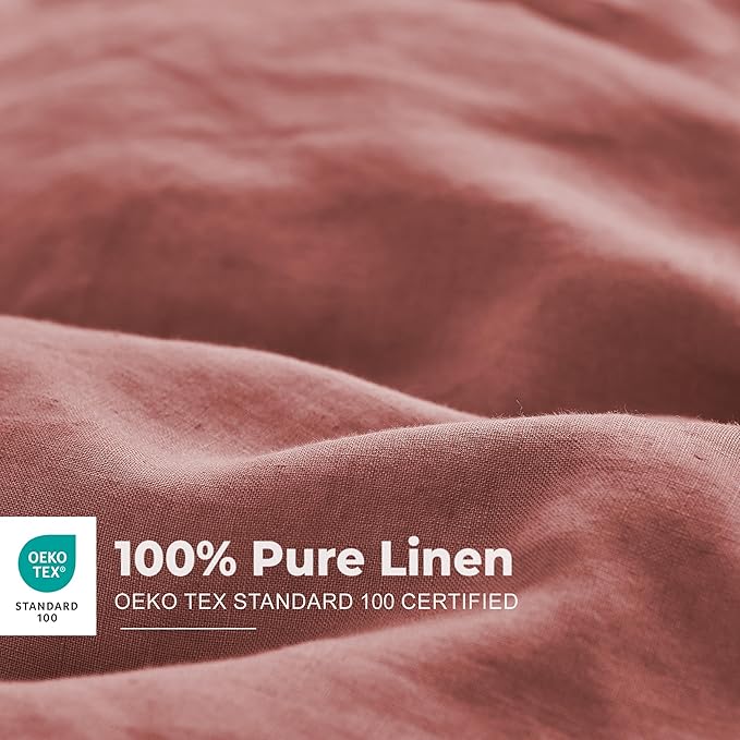 Simple&Opulence 100% Washed Linen Duvet Cover Set with Embroidered,3 Pieces Soft Farmhouse Comforter Set with Button Closure,1 Duvet Cover and 2 Pillowshams(Queen,Coral Red)