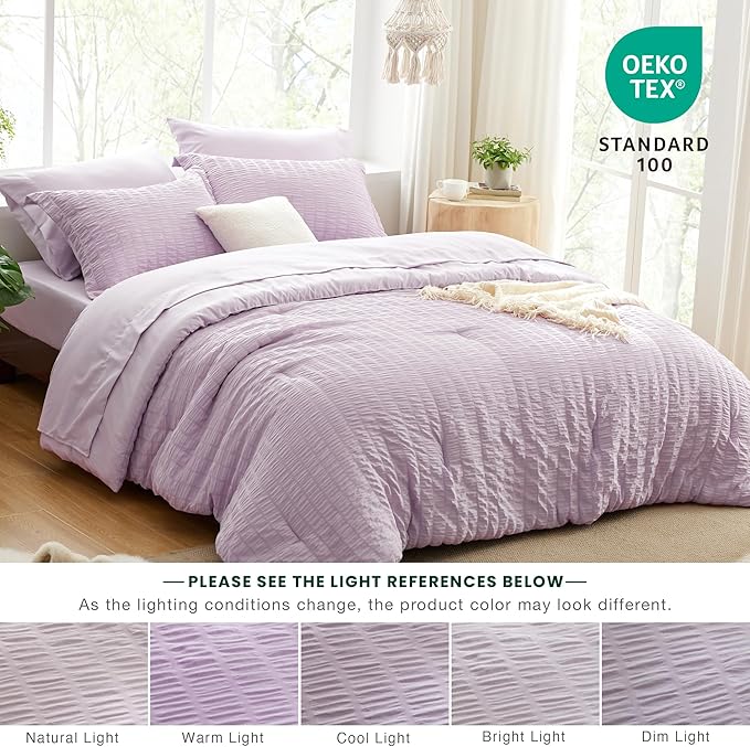 Love's cabin Seersucker Lavender Twin Comforter Set 5 Pieces, All Season Bedding Set, Twin Bed in a Bag Comforter Set with Comforter, Flat Sheet, Fitted Sheet, Pillowcase and Pillow Sham | Soft, Breathable, Lightweight