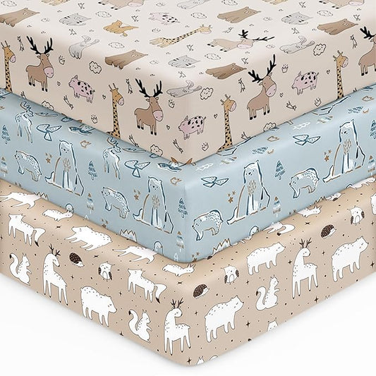 Baby Crib Sheets for Boys Girls, 28x52x8in Fitted Crib Sheet Neutral 3 Pack for Standard Crib and Toddler Mattress, Breathable Soft Microfiber Baby Sheet Blue & Apricot Bear
